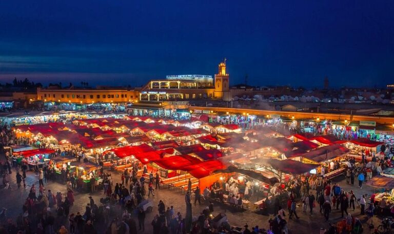 Bustling streets of downtown Marrakech with traditional markets and vibrant culture.